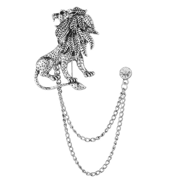 Crystal Lion Brooch Animal Tassel Chain Lapel Pins For Men - Picture 3 of 5